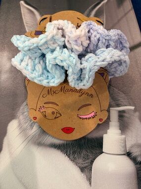 Plush Pastel Blue, Purple & Peach Crochet Scrunchies Set of 2